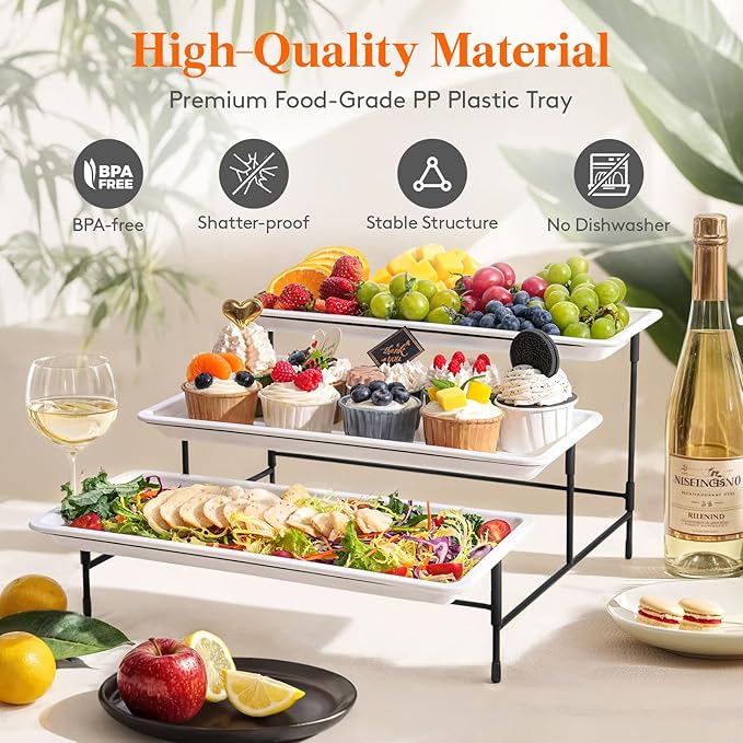 Lifewit 3 Tier Serving Tray, 36 x 17 cm/14 x 6.5 White Plastic Tiered Food Serving Platters, Tiered Tray Stand for Party with Black Collapsible Metal Stand, Dessert Display Stand for Cookies/Crackers