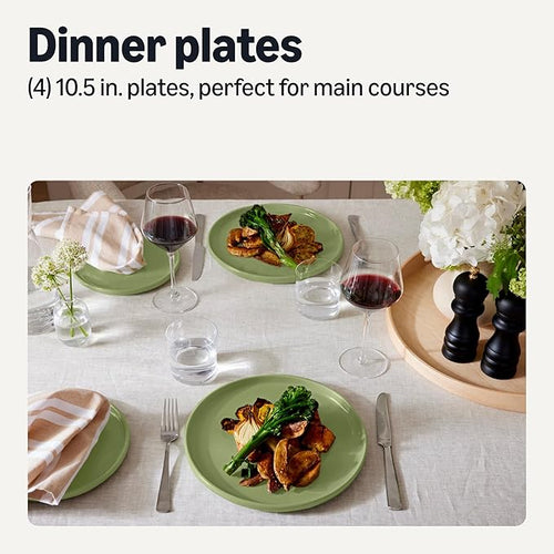 Amazon Basics Glazed Stoneware Dinner Plates, Ceramic 4-Piece Set, Microwave and Dishwasher-Safe, 10.5 in., Olive