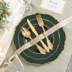 Liacere 350PCS Green Plastic Plates - Dark Green Disposable Plates With Gold Rim - 50Guest Baroque Plastic Dinnerware include 100Plates-50Pcs Pre Rolled Napkins with Silverware 50Cups for Party