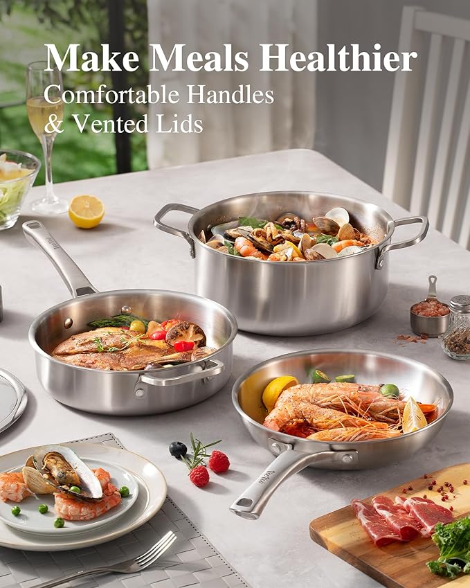 Stainless Steel Frying Pans Set,PFOA&PTFE Free Tri-Ply Skillets,Chef's Pan Set(8+10+12inch) Frying Pans for cooking,Induction Cookware Sets,Dishwasher and Oven Safe