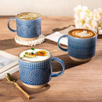 GBhome 12OZ Stackable Coffee Mugs, Ceramic Coffee Mugs with Texture Patterns for Man,Woman,Dad,Mom, Modern Coffee Mugs Set of 4 for Latte/Cappuccino/Cocoa. Dishwasher&Microwave Safe