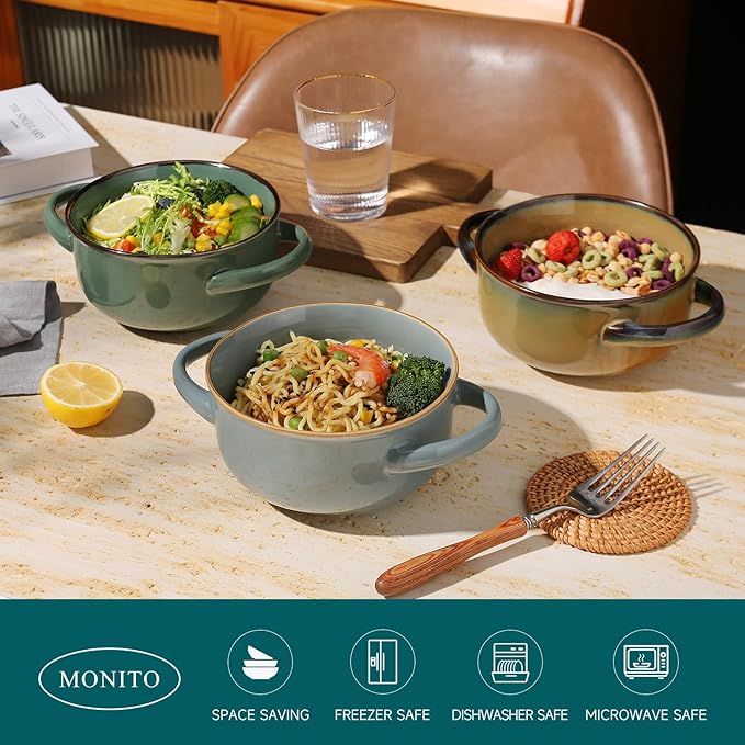 MONITO Ceramic Salad Bowl with Handles, 28 oz French Onion Soup Bowls, Ceramic Soup Bowls for Cereal, Pasta, Chilli, Beef Stew, Stackable Serving Bowl Set of 4 (28 OZ)