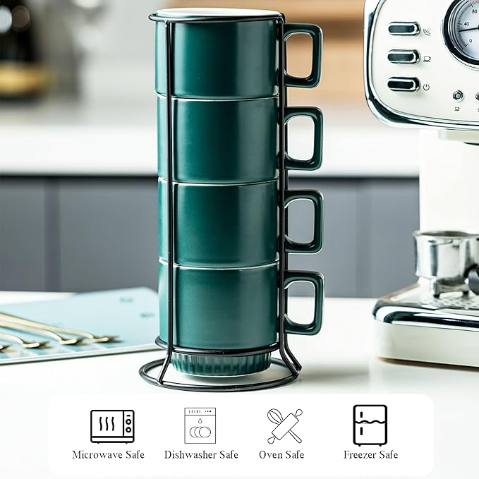 Miamolo Stackable Coffee Mugs Set of 4 with Holder Spoons 11oz Ceramic Cappuccino Cups for Espresso Latte Tea Drinks, Dishwasher & Microwave Safe, Green