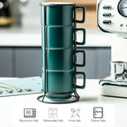 Miamolo Stackable Coffee Mugs Set of 4 with Holder Spoons 11oz Ceramic Cappuccino Cups for Espresso Latte Tea Drinks, Dishwasher & Microwave Safe, Green