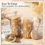 Mumufy 2 Pack Gift for Women Cute Glass Cup Tumbler Flower Iced Coffee Mugs 16 oz Glass with Bamboo Lid & Straw, Mothers Day Birthday Gift for Mom Sister Bridesmaid Baby Shower(Boho Floral)
