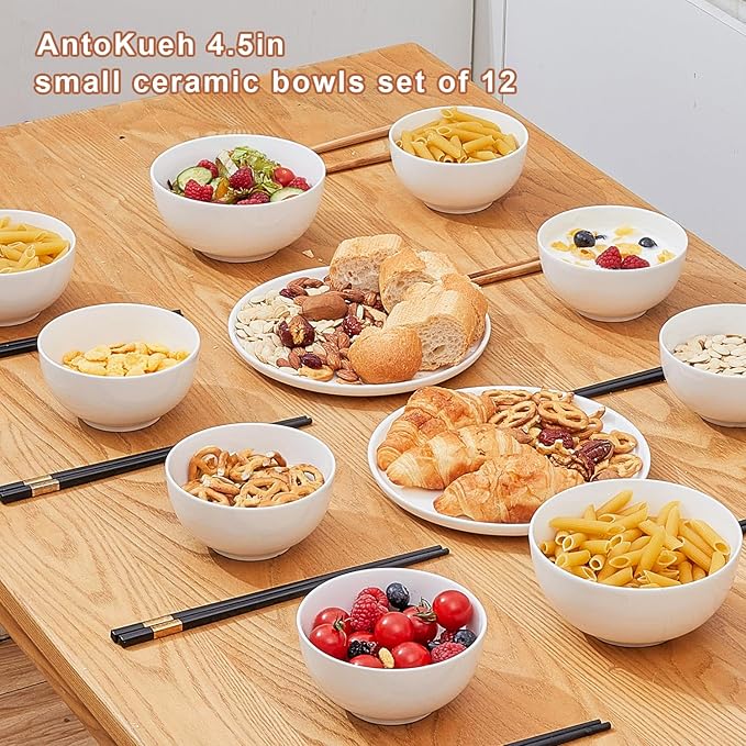 AntoKueh White 4.5in Small Ceramic Bowls 12 OZ, Cereal Bowls Set of 12 for Dessert, Rice, Family dressfamily gatherings, hosting dinner parties