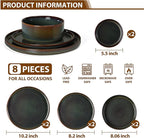 LIANYU Dinnerware Sets with Pasta Bowls, 8 Piece Ribbed Dinnerware Plates and Bowls Set for 2, Elegant Modern Stoneware Dishes Set for Kitchen Dining, Microwave and Dishwasher Safe, Jungle Green