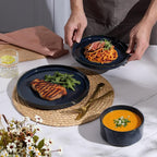 E-far Stoneware Dinnerware Sets for 2, 6-Piece Plates and Bowls Sets, Chip & Scratch Resistant Ribbed Dish Set for Home Restaurant, Microwave & Dishwasher Safe, Midnight Blue