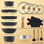 NEWBULIG 17-Piece Pots and Pans Set, Nonstick Cookware Set with Detachable Stay-Cool Handle, Non toxic Induction Kitchen Cooking Set, RV Friendly, Black