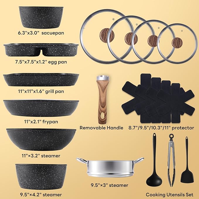 NEWBULIG 17-Piece Pots and Pans Set, Nonstick Cookware Set with Detachable Stay-Cool Handle, Non toxic Induction Kitchen Cooking Set, Dishwasher ＆ Oven Safe, RV Friendly, Black