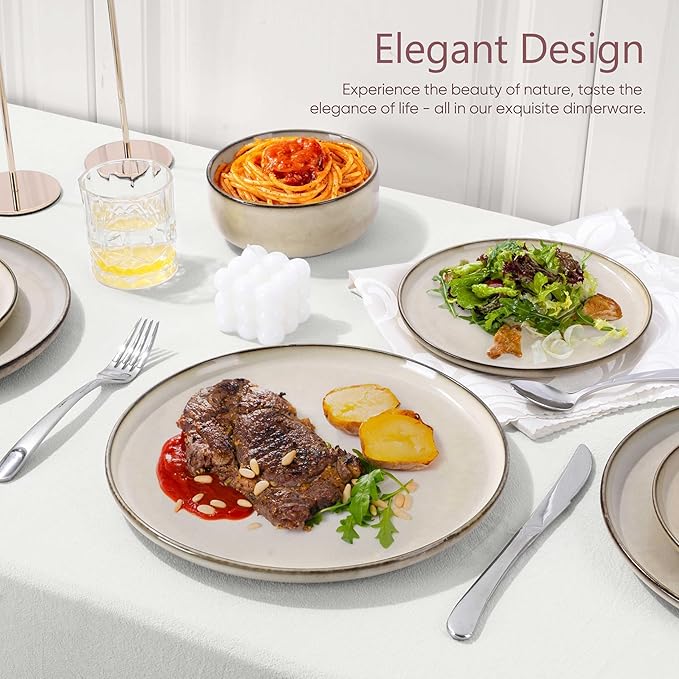 Herogo Stoneware Plates and Bowls Sets for 6, 18 Pieces Modern Round Dinnerware, Reactive Glaze Dishes Set for Kitchen, Chip Resistant, Microwave & Dishwasher Safe, Cream Khaki