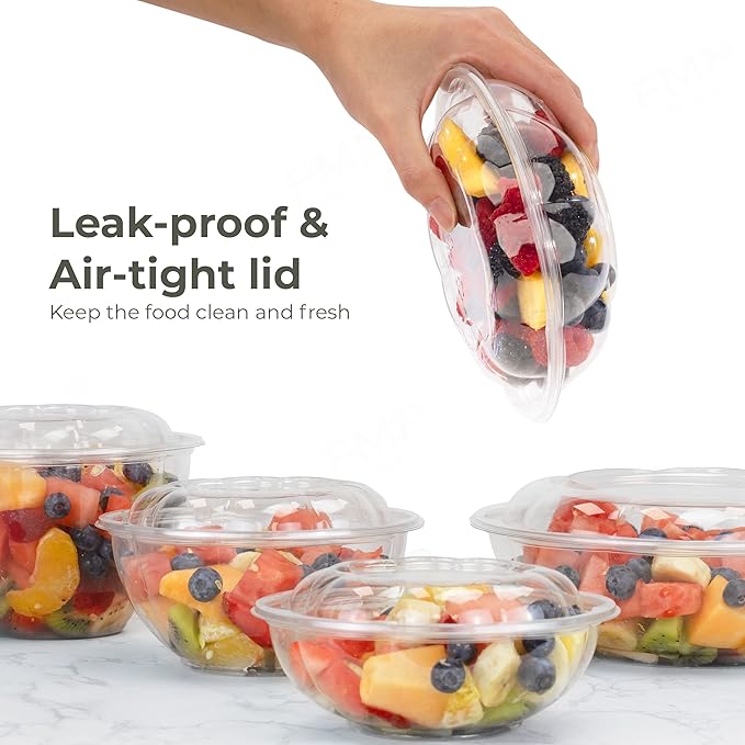 Fit Meal Prep 50 Pack 18 oz Disposable Plastic Clear Salad Bowls with Airtight Lids - To Go for Lunch, Takeout, Party, Catering, Picnic