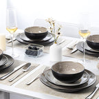 Plates and Bowls Sets for 4 - CJDC-QUELO 12-Piece Stoneware Dinnerware Sets, Ceramic Dishware Set for Kitchen Use and Formal Dining, Chip and Scratch Resistant Microwave Dishwasher Safe, Brown