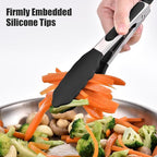 Doosu Kitchen Tongs for Cooking - 600°F Heat Resistant Food Tong with Non-Scratch Silicone Tips, Heavy Duty Stainless Steel Locking Tong for BBQ, Grilling Steak, Serving Salad, Pasta (7in, Black)