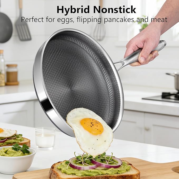 Non Stick Frying Pans, 10-inch with Lid, Hybrid Frying Pans Nonstick Stainless Steel Skillets, Dishwasher & Oven-Safe, Stay-Cool Handle, PFOA Free Cookware, Compatible with All Cooktops
