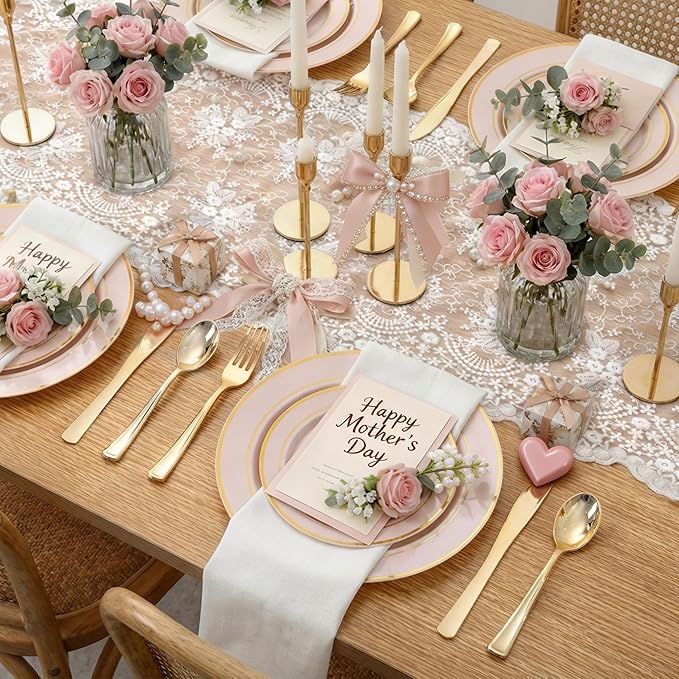 WDF Partyware 175PCS Pink plastic Plates - Pink Disposable Plates 25Guests Disposable Dinnerware Sets with Rolled Napkins for Wedding/Birthday/Baby Shower/Mother's Day