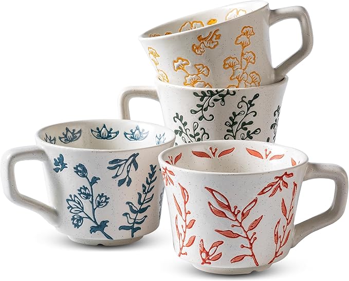 Ceramic Mugs 11 oz Unique Luxurious Cups Set of 4, Mug for Coffee Milk Latte Cappuccino Tea, Office Home Dishwasher Microwave Freezer Safe Stoneware Handmade Minimalist Mixed Cup
