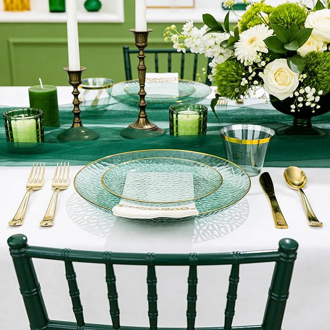 DaYammi 350 Pcs Clear Green Gold Plastic Plates, Hammered Disposable Dinnerware, Clear Green Plates Set Include 100 Plastic Platos, 150 Gold Disposable Silverware, 50 Cups and 50 Napkins for Party