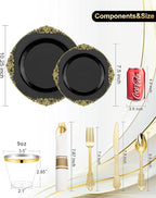 Nervure 175PCS Black Plastic Plates - Disposable Black Gold Party Plates & Pre Rolled Napkins with Cutlery for 25 Guests, 50Plates, 75Silverware, 25Cups, 25Napkin for Wedding & Party
