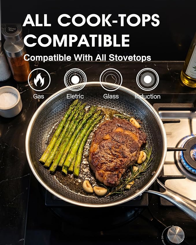 Non Stick Frying Pan 10 Inch with Stainless Steel Lid, Hybrid Nonstick Stainless Steel Skillet Frying Pan, Dishwasher and Oven-Safe Chef Pan, Induction Compatible Cooking Pan, PFOA Free Cookware