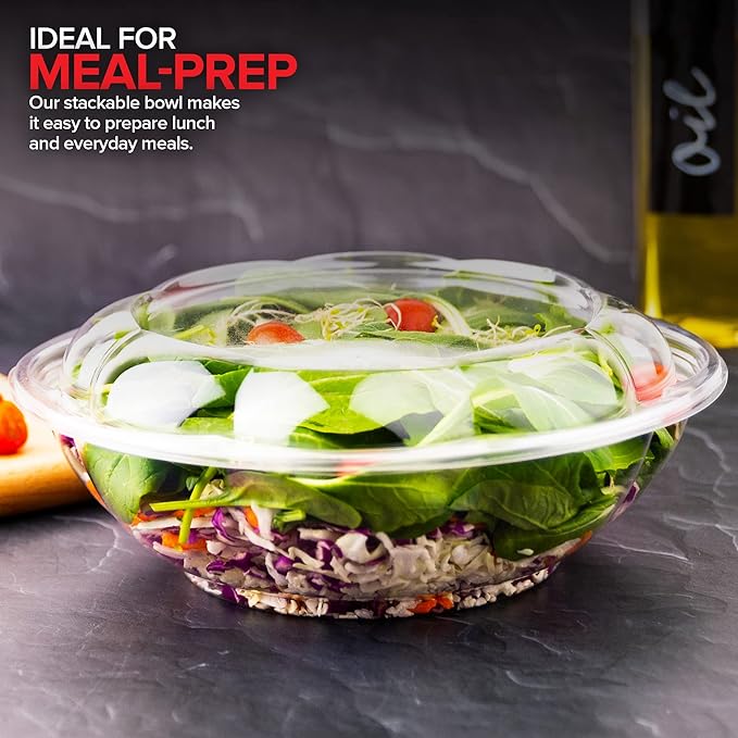 Stock Your Home 64oz Clear Plastic Salad Bowls with Lids Disposable (10 Pack) Extra Large Takeout Container with Snap on Lid for Fruit Salads, Lunch, Meal Prep, Acai Bowl, To-Go Party Containers