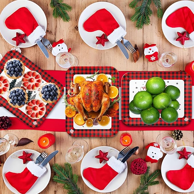 Vesici 3 Pcs Christmas Serving Trays 13 x 10 Inch Black and Red Plaid Xmas Tree Melamine Platters Reusable Rectangular Serving Dishes for Xmas Holiday Party Sharing Snacks Fruit Dessert Candy