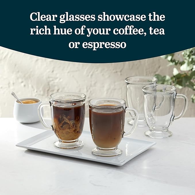 Libbey Kona Glass Coffee Mugs Set of 6, Elegant 16 Ounce Clear Tea Cup Set , Dishwasher Safe Glass Mugs with Handles for Tea, Coffee,and Espresso
