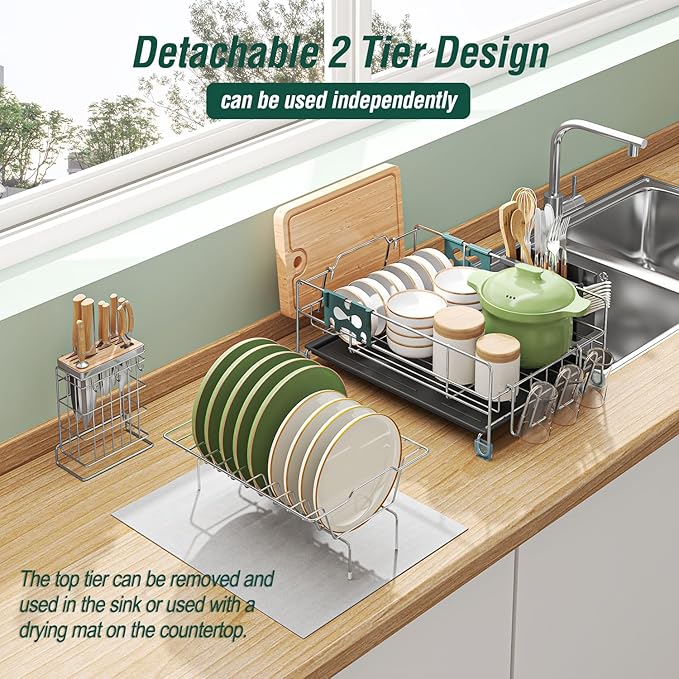 Dish Drying Rack - Large Capacity Stainless Steel Dish Rack for Kitchen Counter, 2-Tier Detachable Kitchen Organizers and Storage Rack with Drainboard and Cutlery Holder, Silver