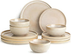 Metflavor Stoneware Dinnerware Sets for 4, 12-Piece Scratch Resistant Plates and Bowls Set, Dishwasher and Microwave Safe Ceramic Dishes Set, Ribbed, Sculpted Dune