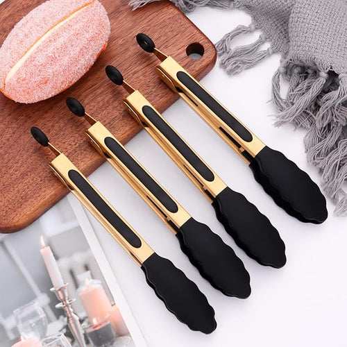 4-Piece Kitchen Food Tongs 7" Mini Silicone Serving Tongs with Firm Sealed Non Stick Rubber Tips & Silicon Coated 18/8 Stainless Steel Handle and Smooth Locking