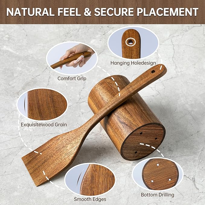 8 PCS Wooden Utensil Set with Holder, Spoon Rest, Durable Wooden Spoons for Cooking, Heat-Resistant, Comfort Grip,Easy to Clean, Non-stick Friendly, Ideal for Gifting