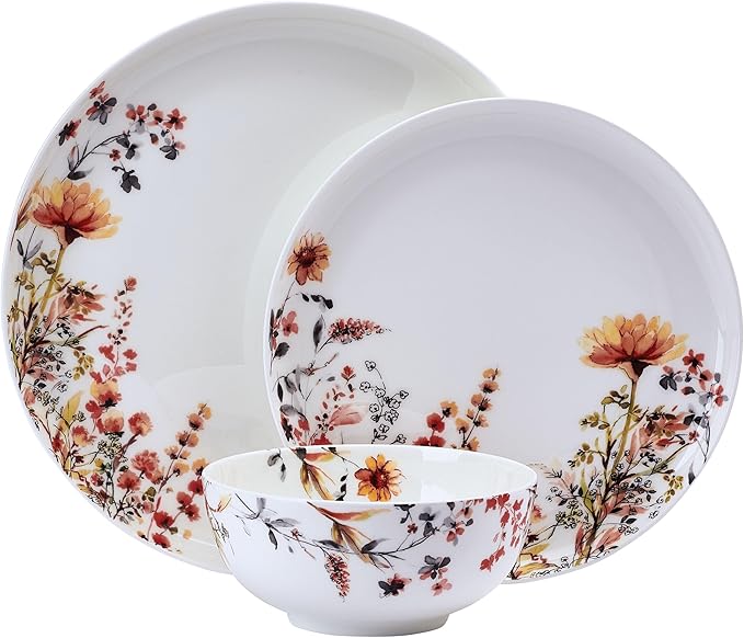Mikasa Wildflower Bliss 12 Piece Floral Bone China Durable Chip Resistant Lightweight Dinnerware Set, Service for 4