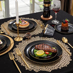 bUCLA 150PCS Black and Gold Plastic Plates - Black Gold Plastic Dinnerware Set Disposable - Include 25 Dinner / 25 Dessert Plates, 25 Knives, 25 Forks, 25 Spoons, 25 Cups, Ideal for Party & Graduation