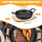 Sliner 4 Sets Mini Cast Iron Skillet Small Cast Iron Plates Skillet with Wooden Base Small Round Pan Fajita Plate Pot for Baking Cooking(7.9 Inches)