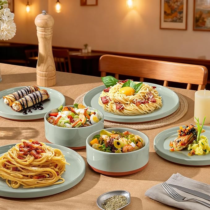 LIANYU Stoneware Dinnerware Sets Service for 8, 24 PCS Plates and Bowls Sets, Handmade Ceramic Dish Set, Highly Chip and Crack Resistant Modern Plate Set, Laurel Green