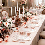 GATHER 350PCS Rose Gold Plastic Plates - Disposable Rose Gold Dinnerware Includes 100 Clear Rose Golds Rimmed Plastic Plates, 150 Silverware, 50 Napkins, 50 Cups for Party, Wedding, Mother's Day