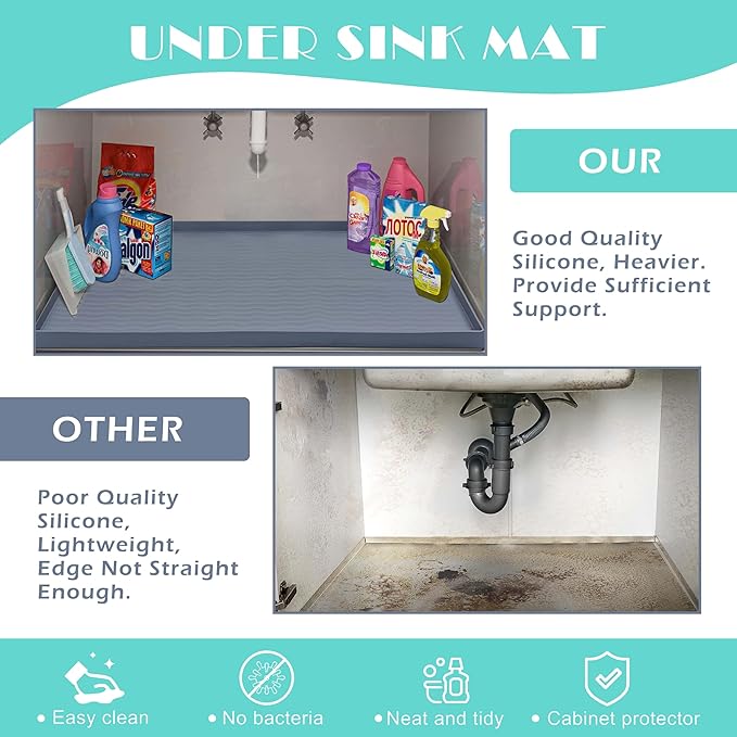 URMONA Waterproof Silicone Under Sink Mat 34'' x 19'' Shelf Liner for Kitchen and Bathroom, Cabinet and Counter Protector, Storage and Organizers, Litter Mat, Pet Cat Puppy Essentials(Brown )