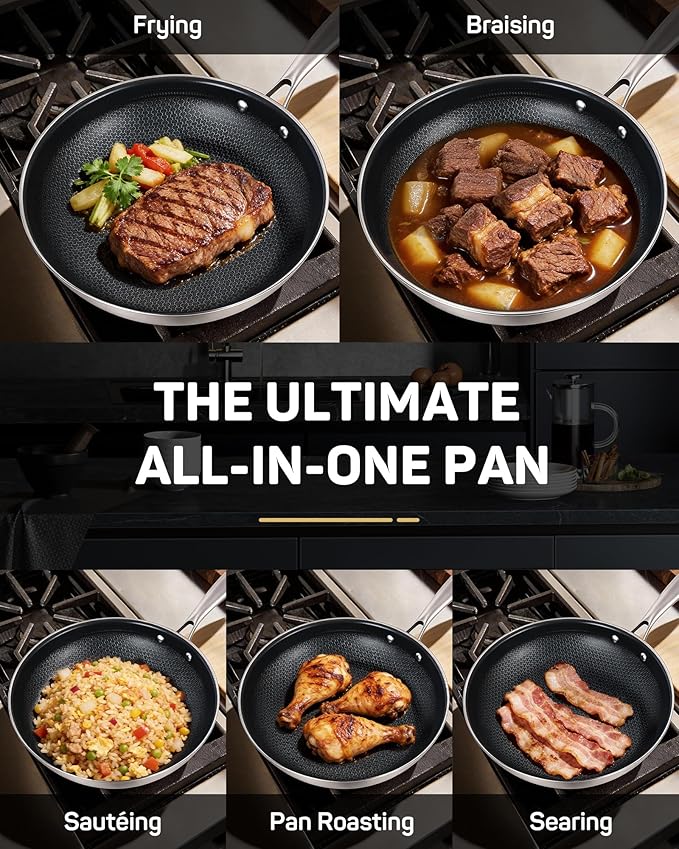 12" Hybrid Nonstick Frying Pan, Large Stainless Steel Ceramic Nonstick Skillet, Non Stick Pan for Family Meals & Steak, Stay-Cool Handle, Induction Compatible, Oven Safe