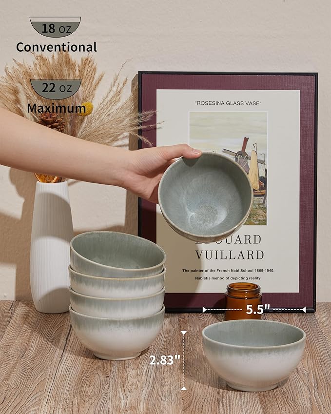 Pokini Cereal Bowl, 22 Oz Soup Bowls Set of 6 for Cereal, Snack, Rice, Salad, Side Dishes, Stoneware Bowls for Kitchen Decor, Ceramic Small Cereal Bowls