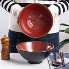 Ceramic Japanese Ramen Bowl Set, 2 Sets Asian Pho Udon Soup Noodle Bowls with Spoons and Chopsticks (Red, 8 inches)