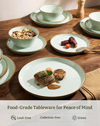 Famiware Saturn Stoneware Dinnerware Sets for 8 (24 Pieces), Ceramic Plates and Bowls Dish Sets with Hand-Painted Trim - Chip & Scratch Resistant, Microwave & Dishwasher Safe Tableware, Light Green
