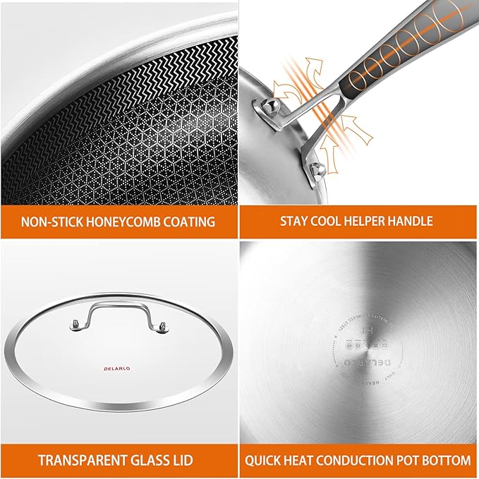 DELARLO Tri-Ply Stainless Steel Pan, 18/10 Frying Pan, Oven Safe Up to 600°F, Nontoxic Cookware, Compatible with All Cooktops Skillet, Durable, Fast Even Heat Fry Pan,12" Hybird Pan