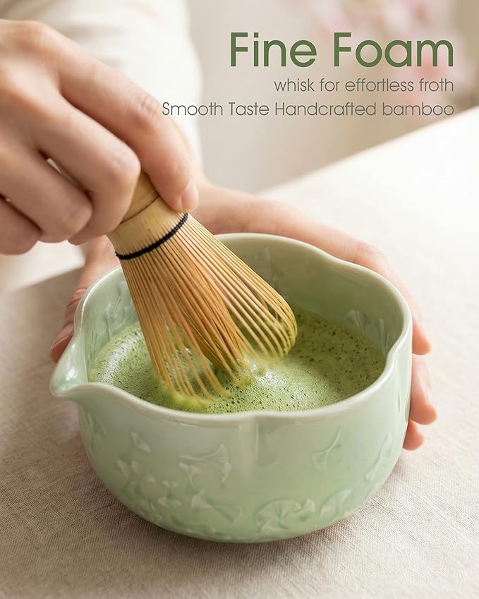 Matcha Whisk Set, 4-Piece Matcha Kit with Ceramic Matcha Bowl, Bamboo Whisk, Whisk Holder, scroop - Complete Matcha Tea Set Perfect for Beginners & Matcha Lovers Light Green