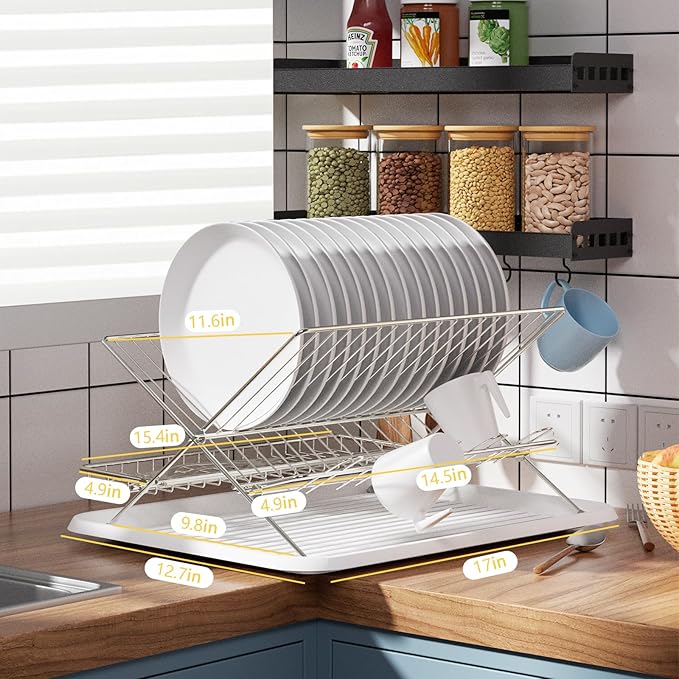 Collapsible Dish Drying Rack Space Saving Foldable Drying Rack Dishes,Stainless Steel(304) Dish Racks for Kitchen Counter,Campact Kitchen Metal 2-Tier Large