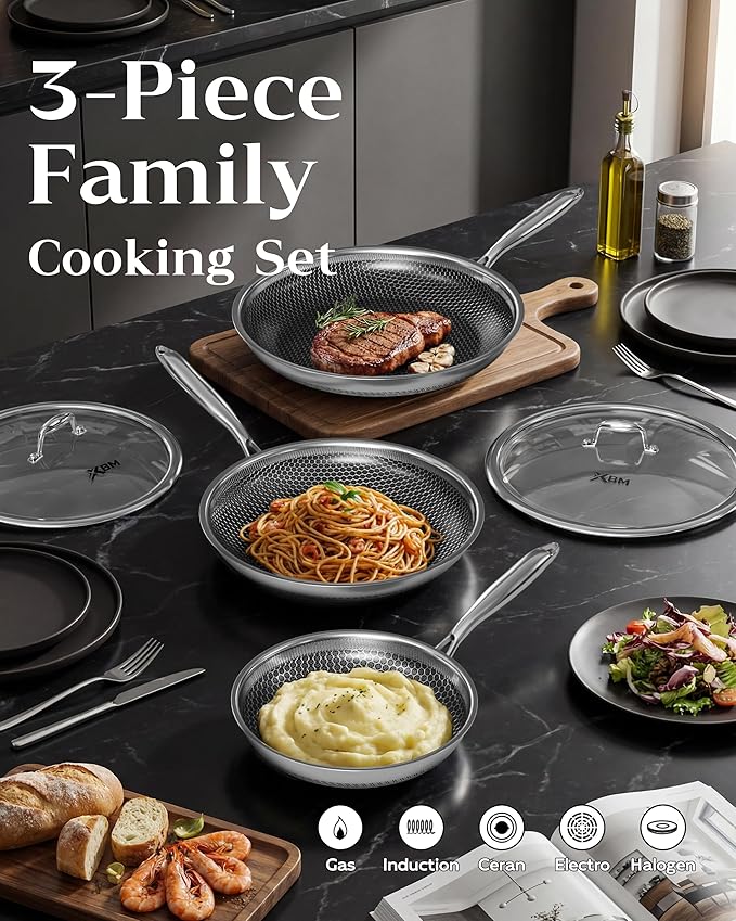 Honeycomb Stainless Steel Nonstick Frying Pan with Lid Set (No Lid Included), Induction Cooktop Compatible Skillet, PFOA-Free Scratch-Proof, Dishwasher & Oven Safe, Silver Kitchen Cookware