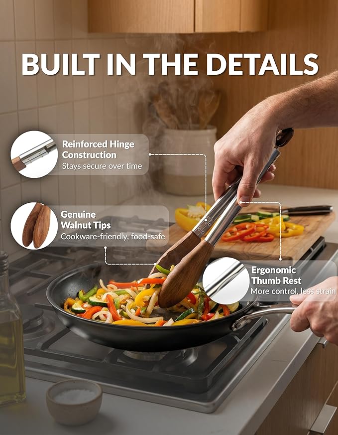 Boxiki Kitchen 9 Inch Tongs for Cooking with Wooden Tips - Nonstick Kitchen Tongs for Serving Food, Grilling, Cooking, BBQ and Tossing Salad - Made of Natural Walnut Wood