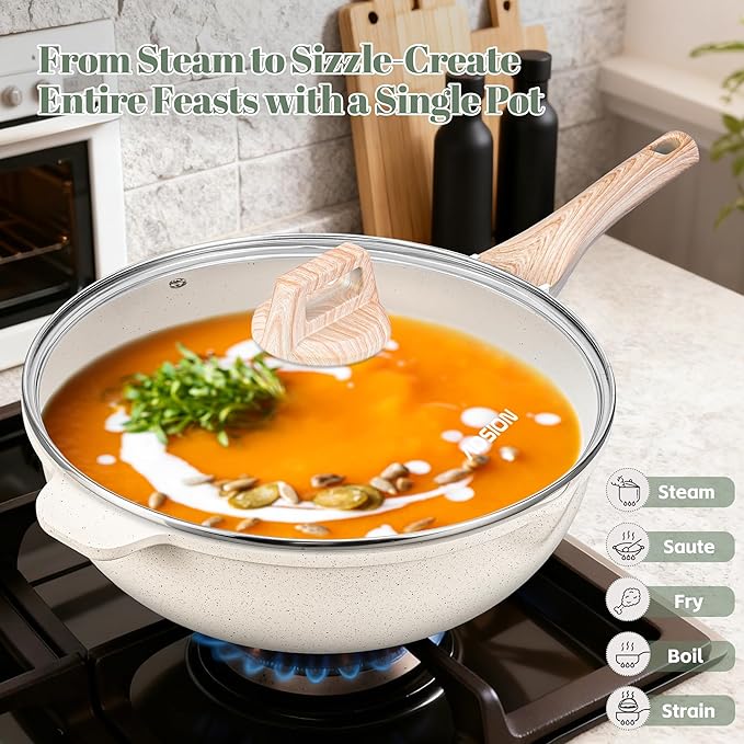 AOSION 12 Inch Nonstick Ceramic Deep Frying Pan Skille with Lid,5.5QT Sauté Pan for Cooking with Steam Rack,Healthy Large Skillet,Stay Cool Handle, Induction Compatible, PFOA & PFAS Free. (WHITE)