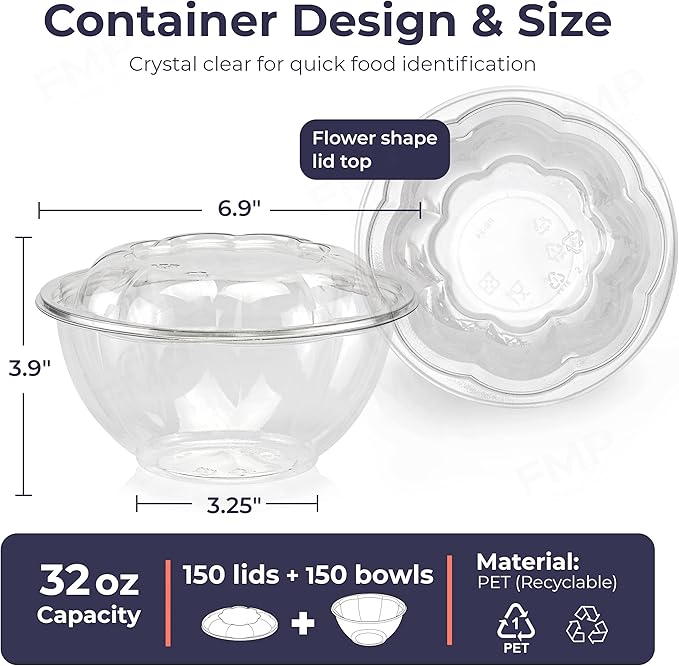 Fit Meal Prep 150 Pack 32 oz Disposable Plastic Clear Salad Bowls with Airtight Lids - To Go for Lunch, Takeout, Party, Catering, Picnic