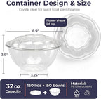 Fit Meal Prep 150 Pack 32 oz Disposable Plastic Clear Salad Bowls with Airtight Lids - To Go for Lunch, Takeout, Party, Catering, Picnic