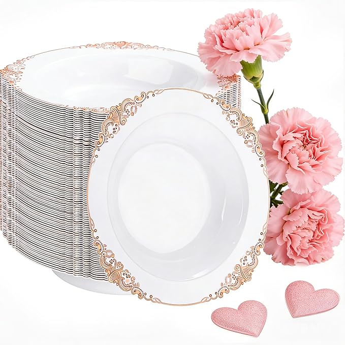 100PCS Rose Gold Plastic Bowls - 12 oz Disposable Salad Bowls - Heavy Duty Disposable Soup Bowl - Fancy Plastic Ice Cream Bowl for Weddings Parties Catering Picnics Mother‘s Day